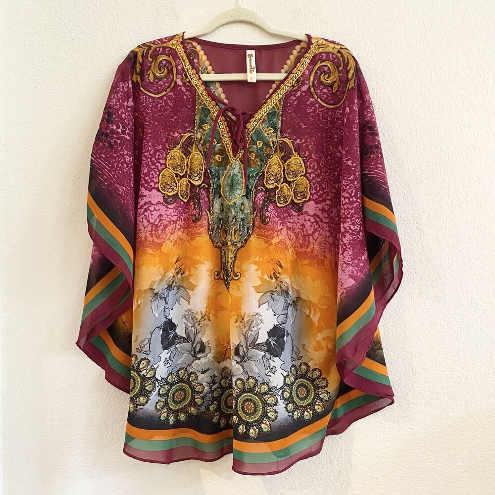 Shoreline Purple Orange Sequins Beaded 3/4 Sleeves Blouse Tunic Topper One Size